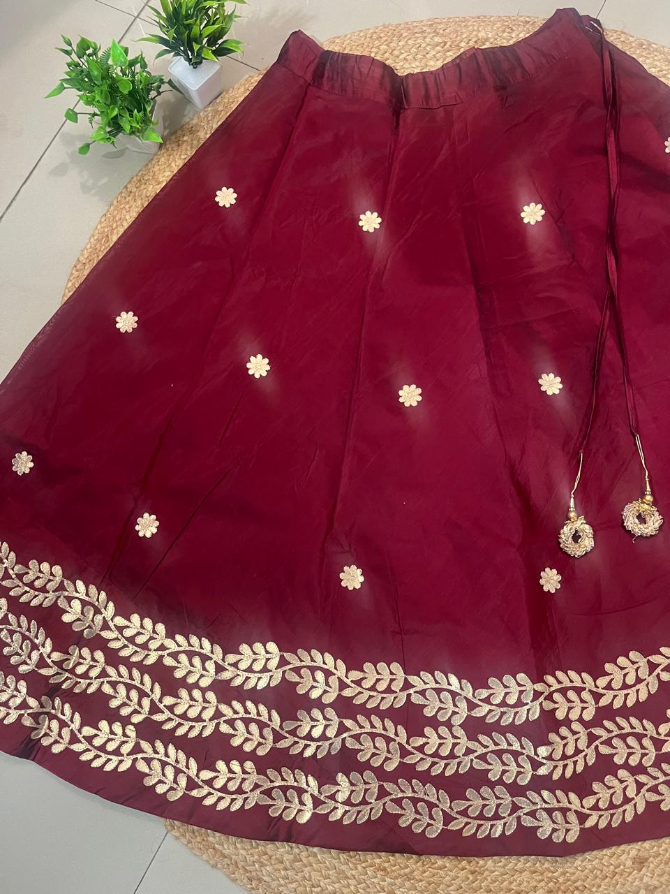 Chanderi Silk Maroon Panna Gota Patti Indian Skirt