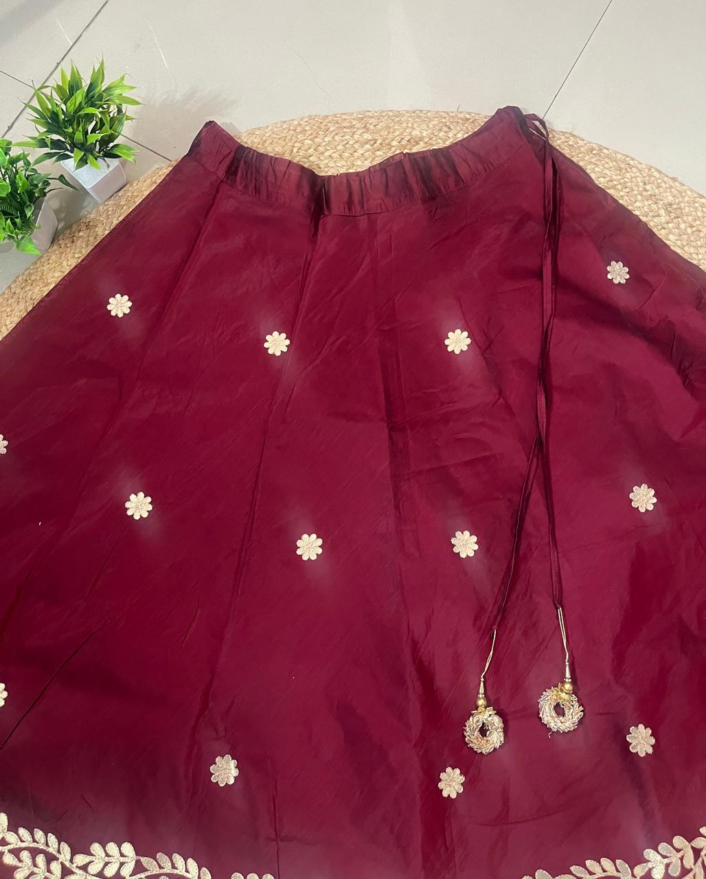 Chanderi Silk Maroon Panna Gota Patti Indian Skirt