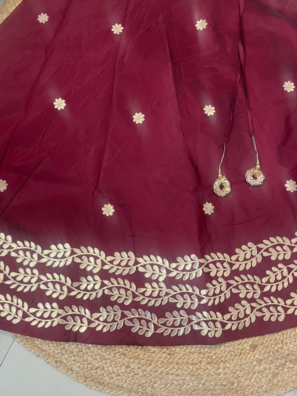 Chanderi Silk Maroon Panna Gota Patti Indian Skirt