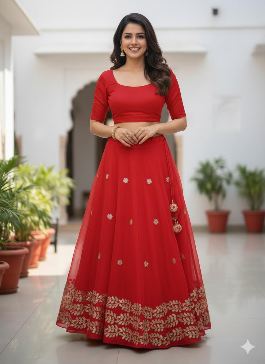 Chanderi Silk Red Paro Gota Patti Indian Skirt