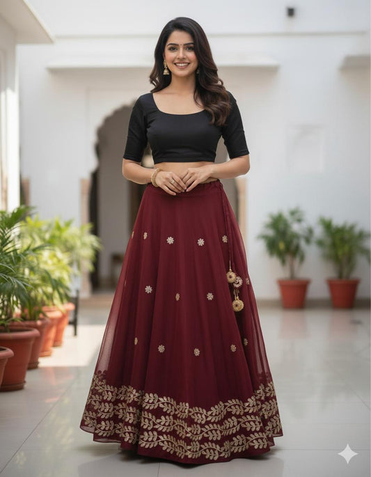 Chanderi Silk Maroon Panna Gota Patti Indian Skirt