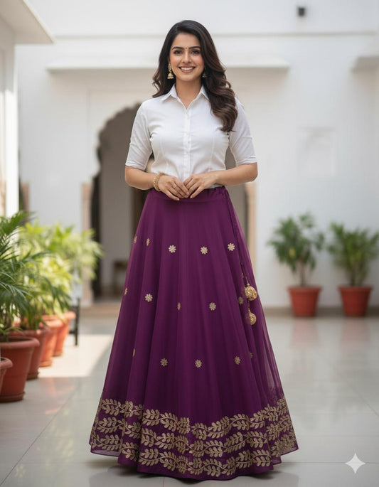 Chanderi Silk Purple Durga Gota Patti Indian Skirt