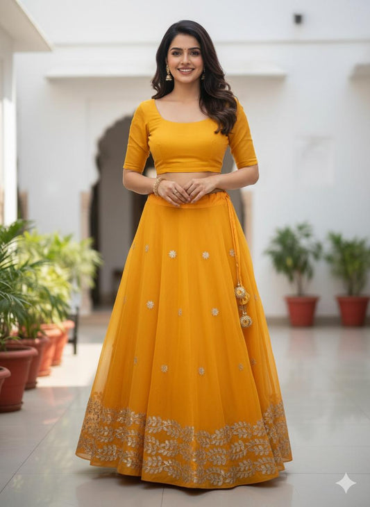 Chanderi Silk Yellow Yasna Gota Patti Indian Skirt