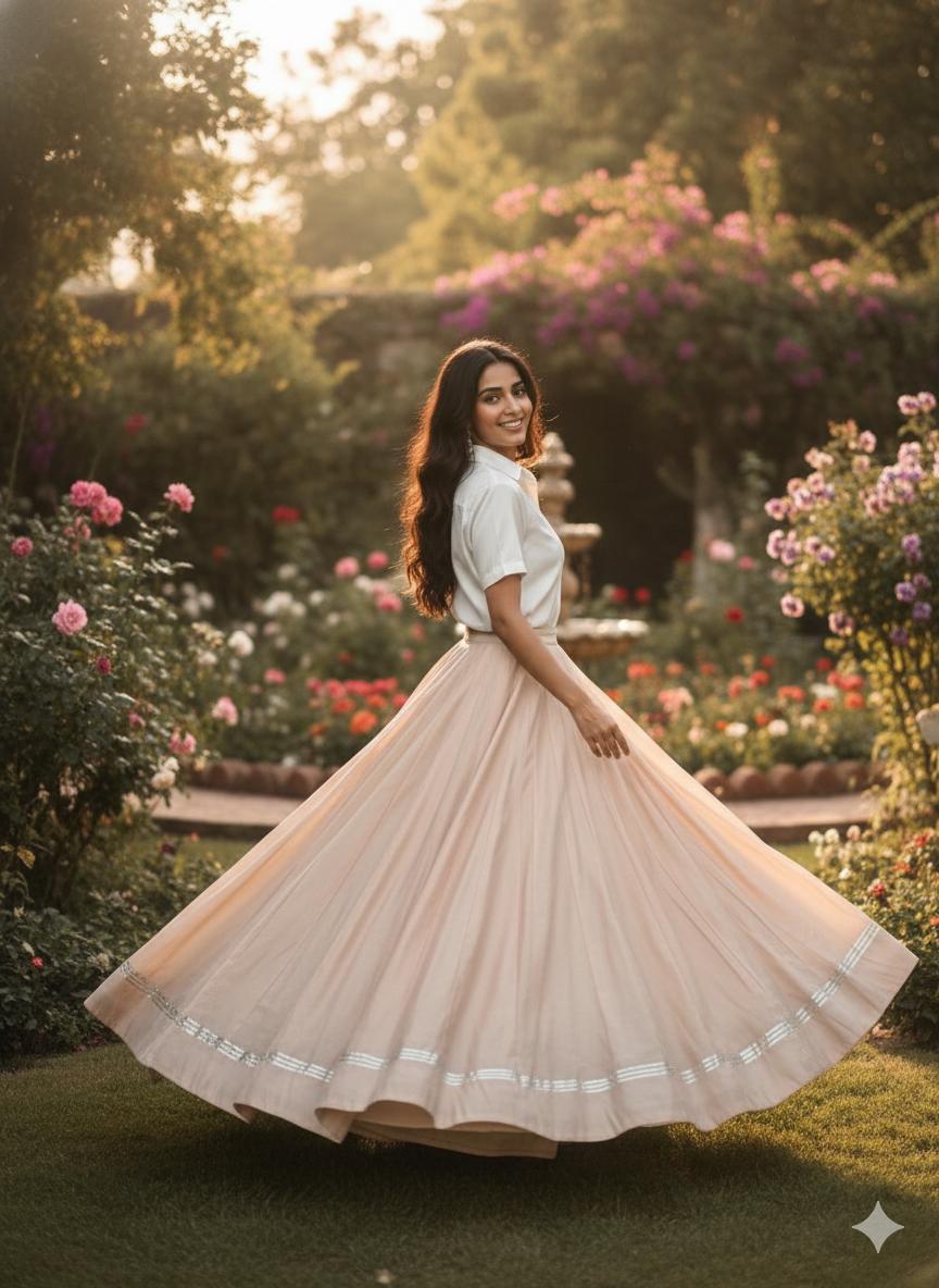 Garba High Flared Cream Siyali Roman Silk Indain Skirt-18 Meter