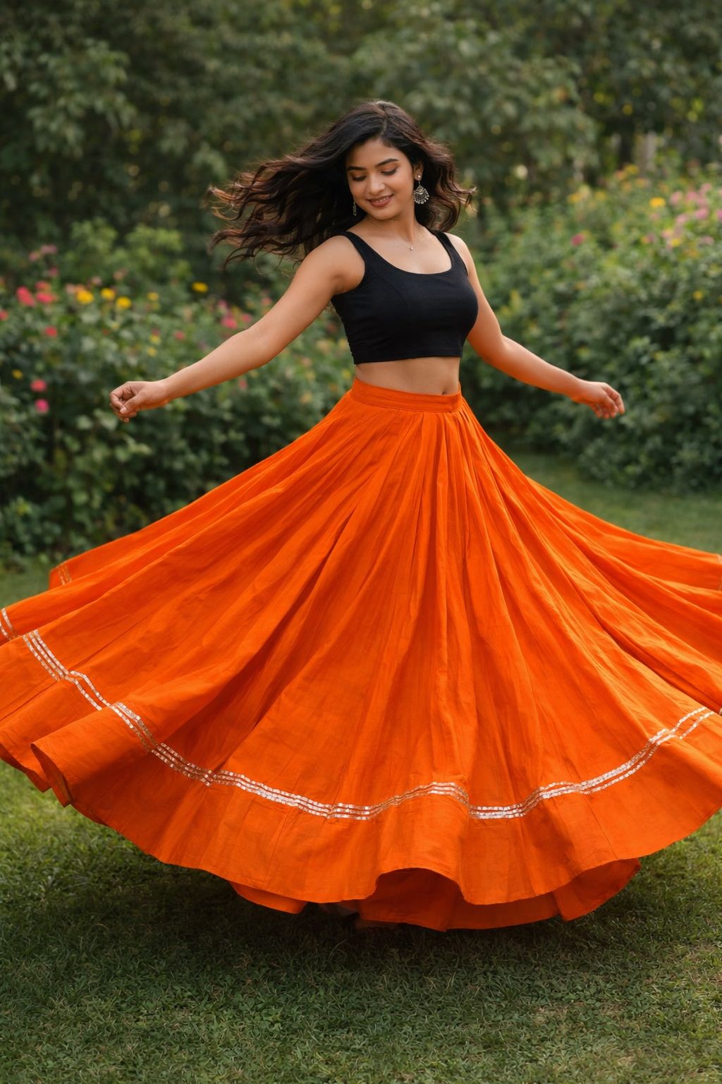 Garba High Flared Orange Piyali Roman Silk Indian Skirt