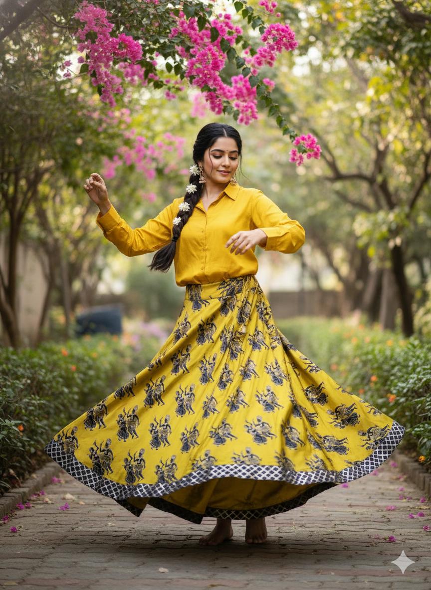 Reversible Silk Yellow Ira Indian Skirt