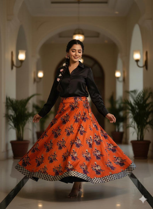 Reversible Silk Orange Siyara Indian Skirt