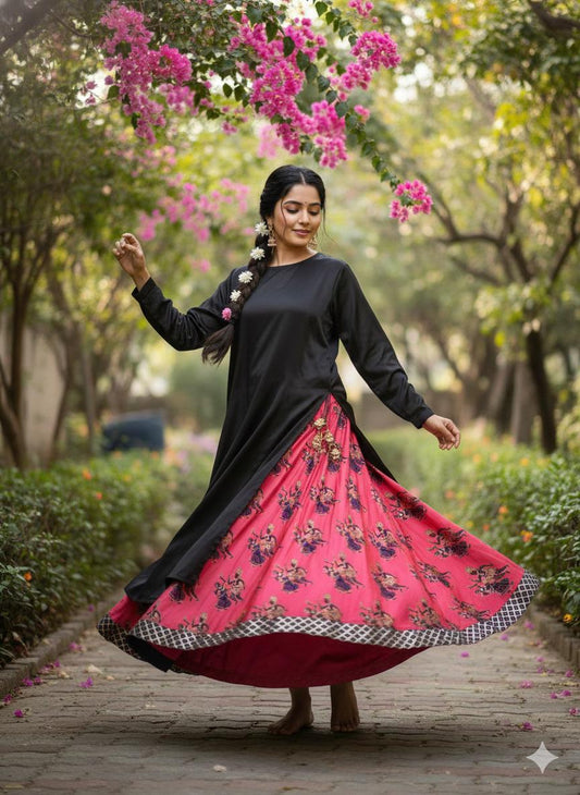 Reversible Silk Magenta Pink Adya Indian Skirt