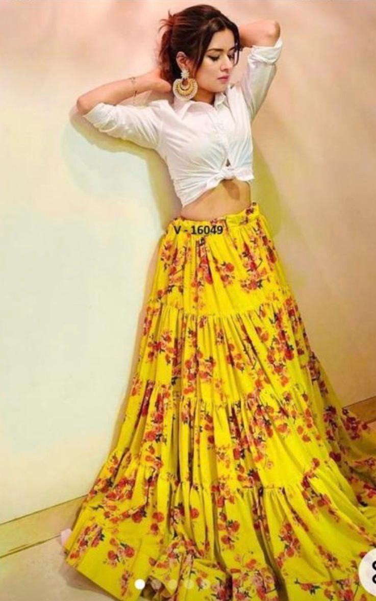 Flared Tiered Yellow Urmi Muslin Indian Skirt