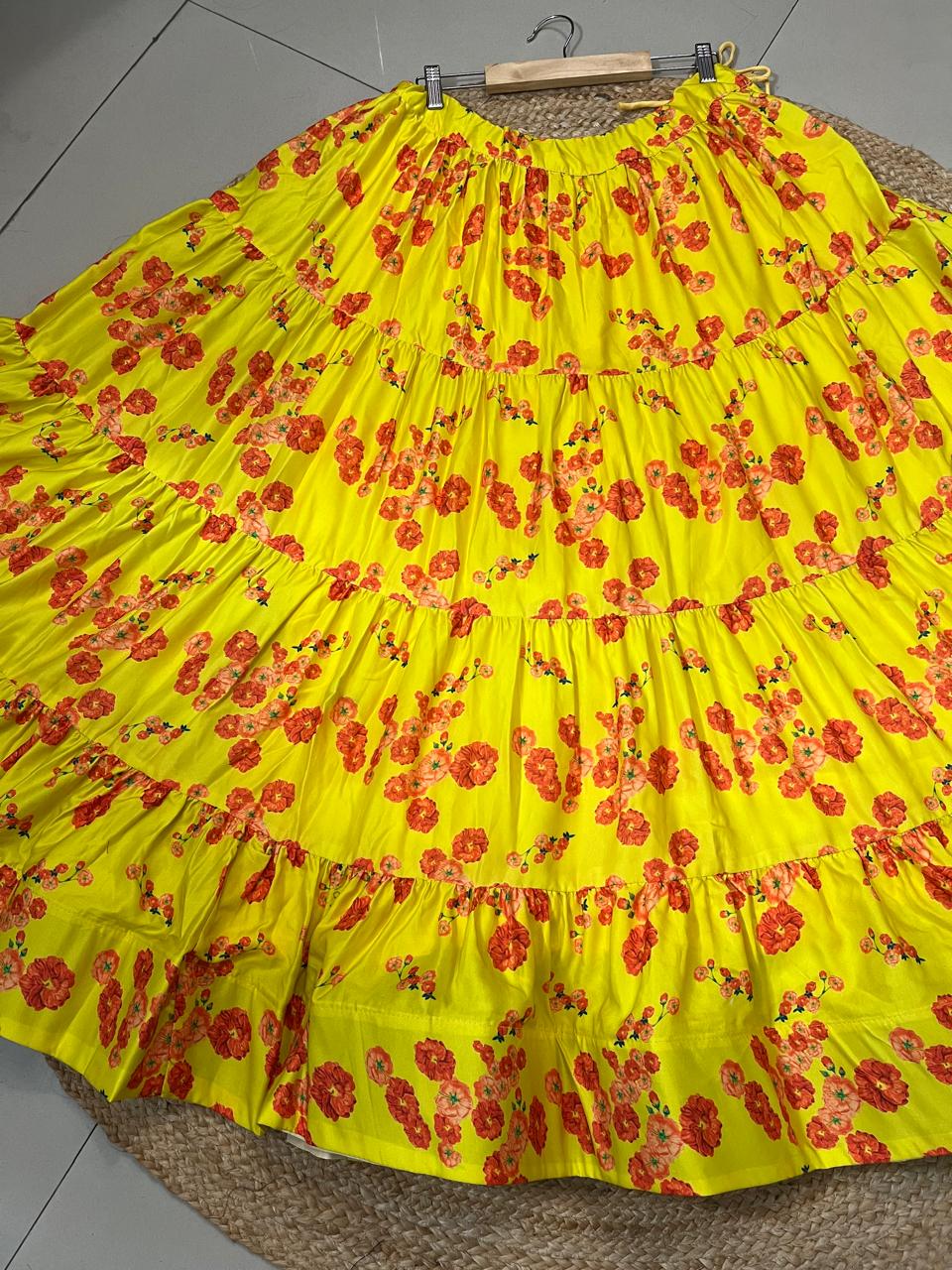 Flared Tiered Yellow Urmi Muslin Indian Skirt