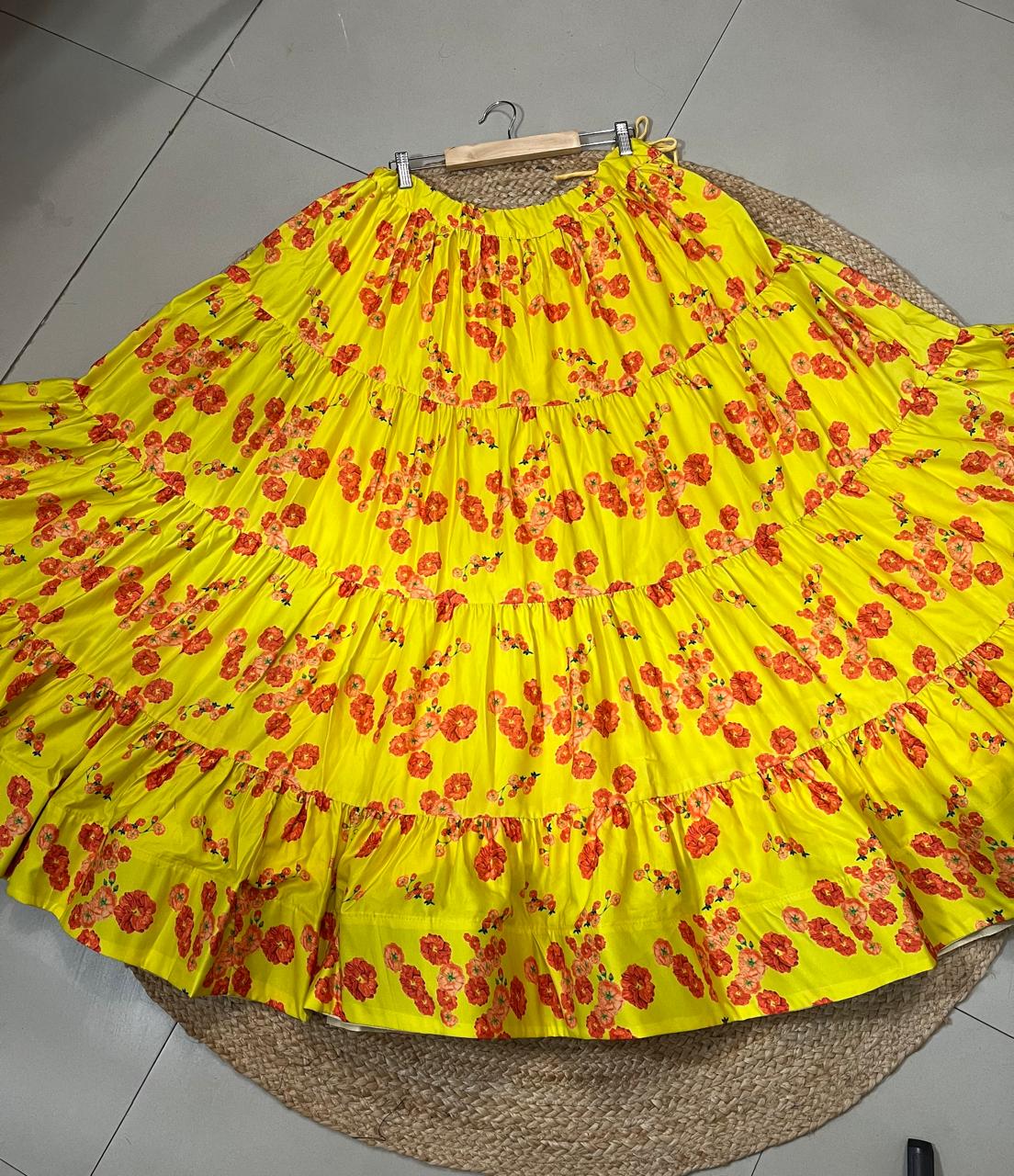 Flared Tiered Yellow Urmi Muslin Indian Skirt