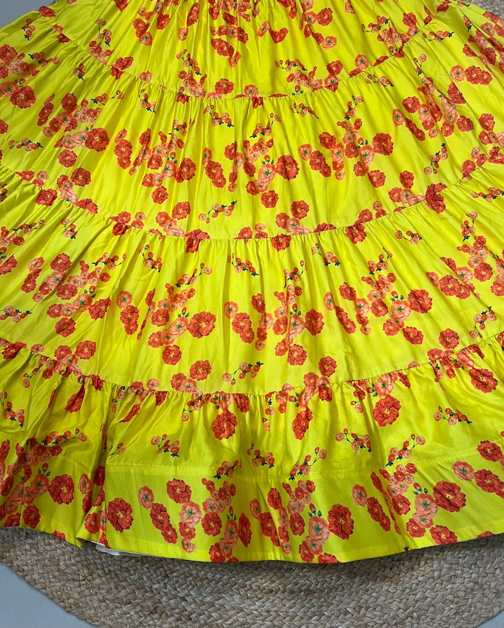 Flared Tiered Yellow Urmi Muslin Indian Skirt