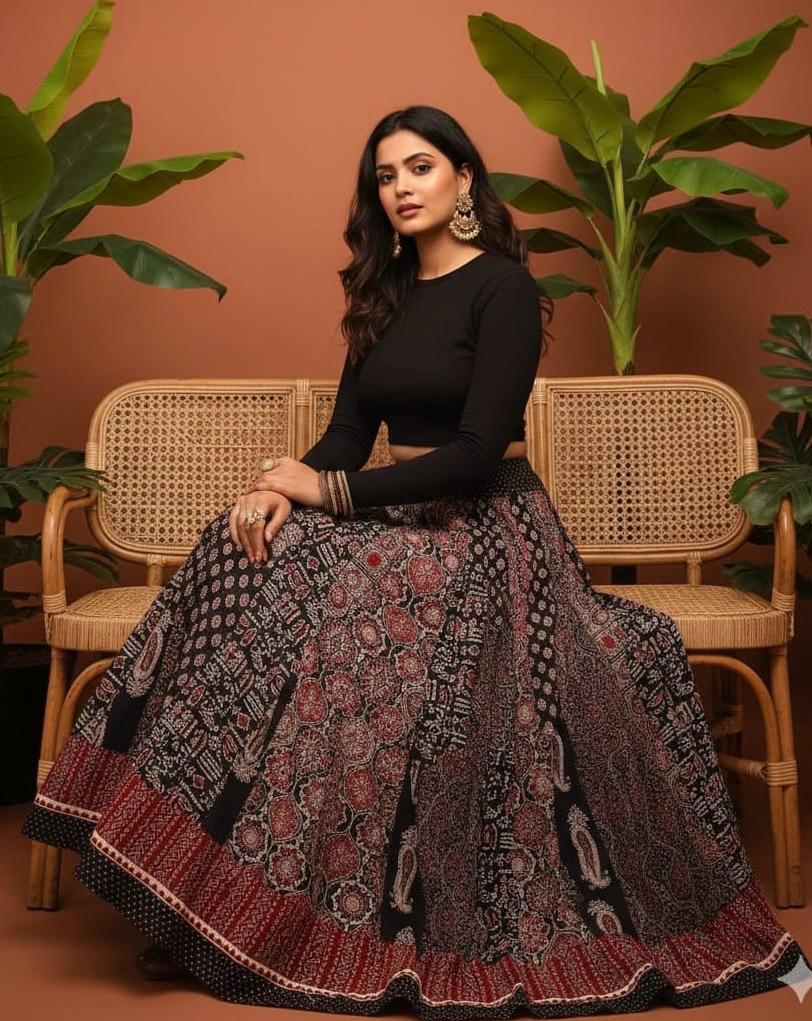 Ajrakh Panel Cotton Black Kajal Indian Skirt