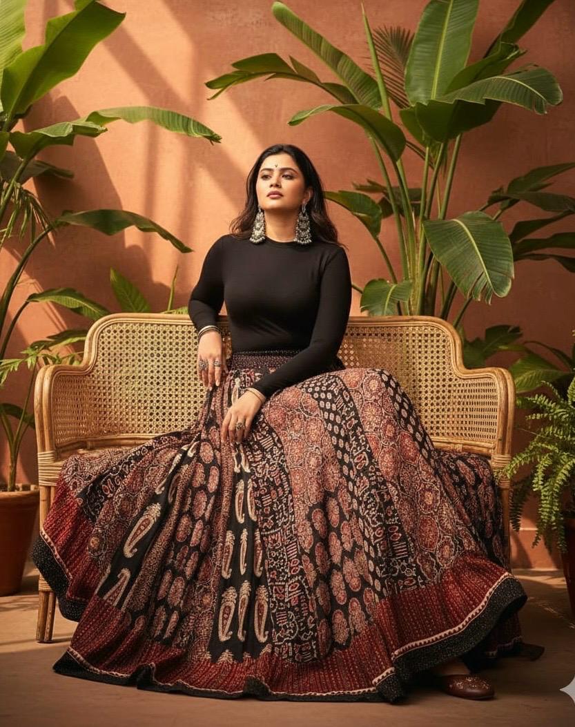 Ajrakh Panel Cotton Black Kajal Indian Skirt