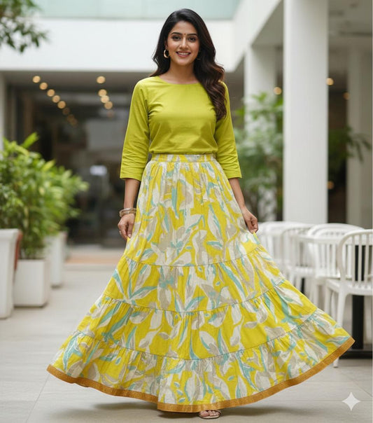 Tiered Cotton Yellow Kiran Indian Skirt