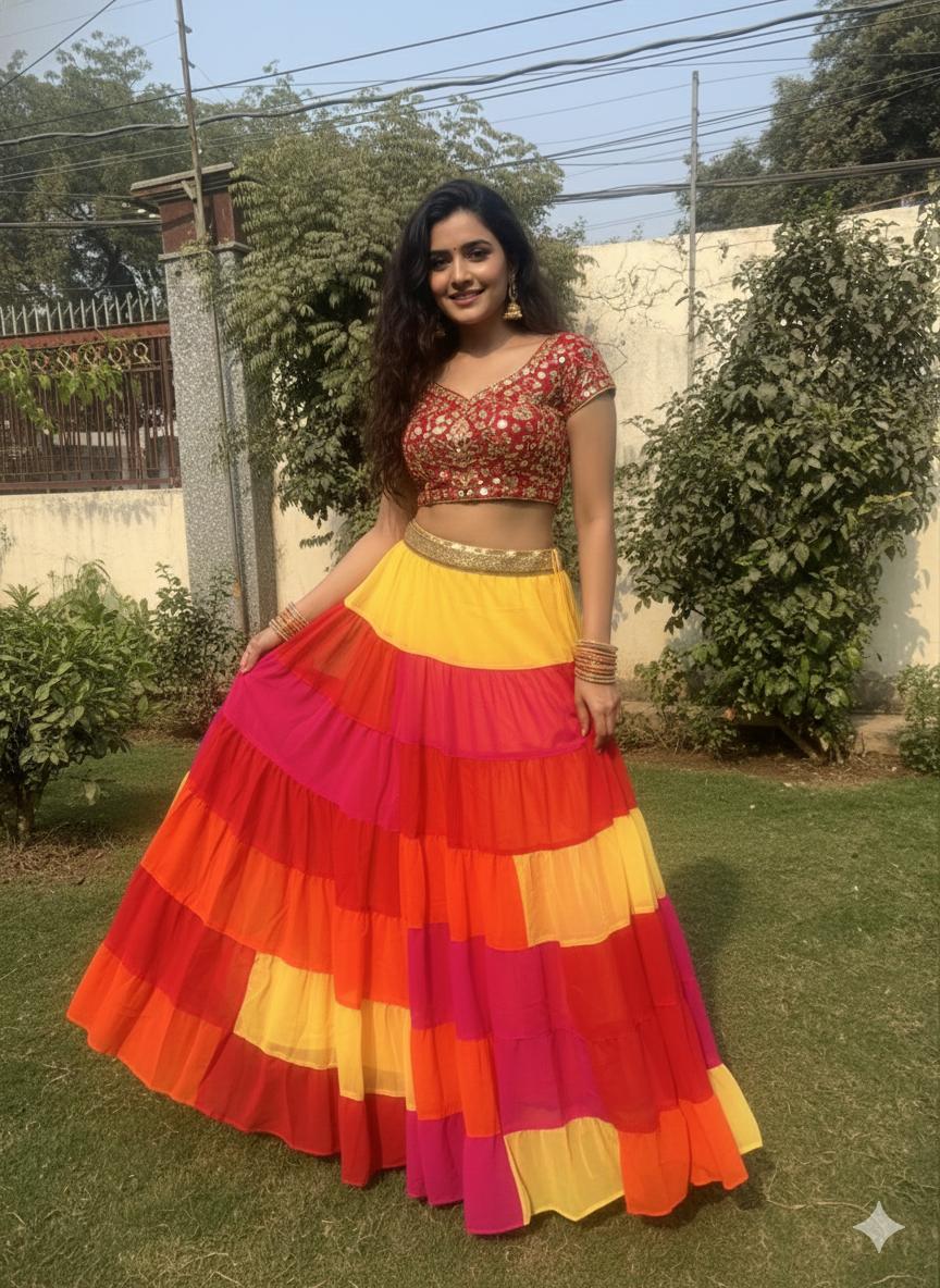 Multicolour Red Yellow Rashmi Georgette Indian Skirt