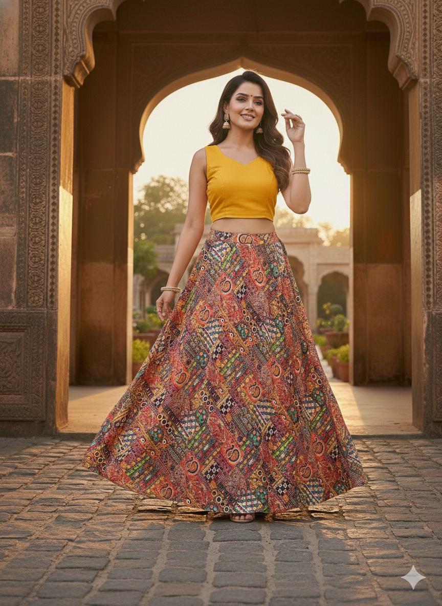 Multicolour Lycra Printed Anaya Indian Skirt