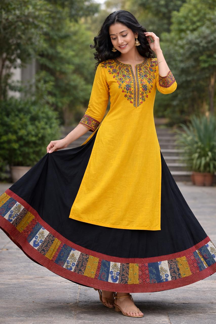 Ajrakh Yellow Cotton Patchwork Rumi Indian Skirt