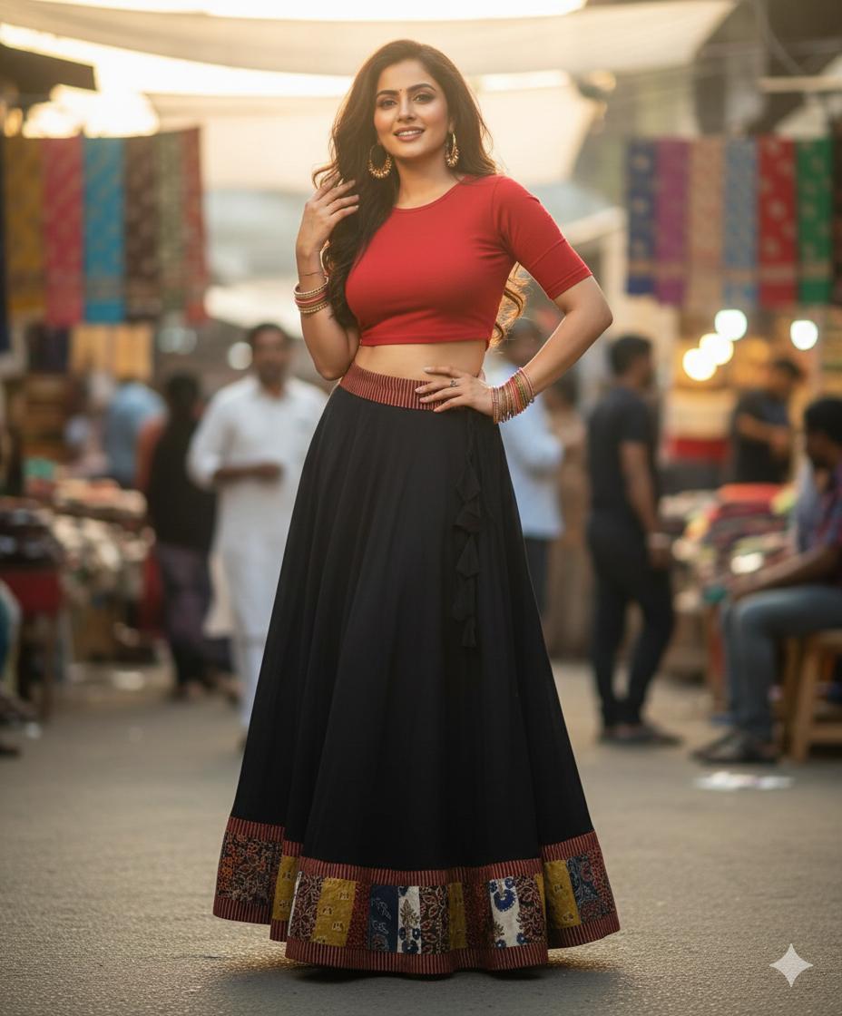 Ajrakh Black Cotton Patchwork Yashvika Indian Skirt