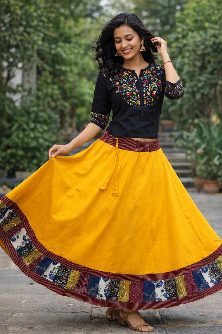 Ajrakh Yellow Cotton Patchwork Rumi Indian Skirt