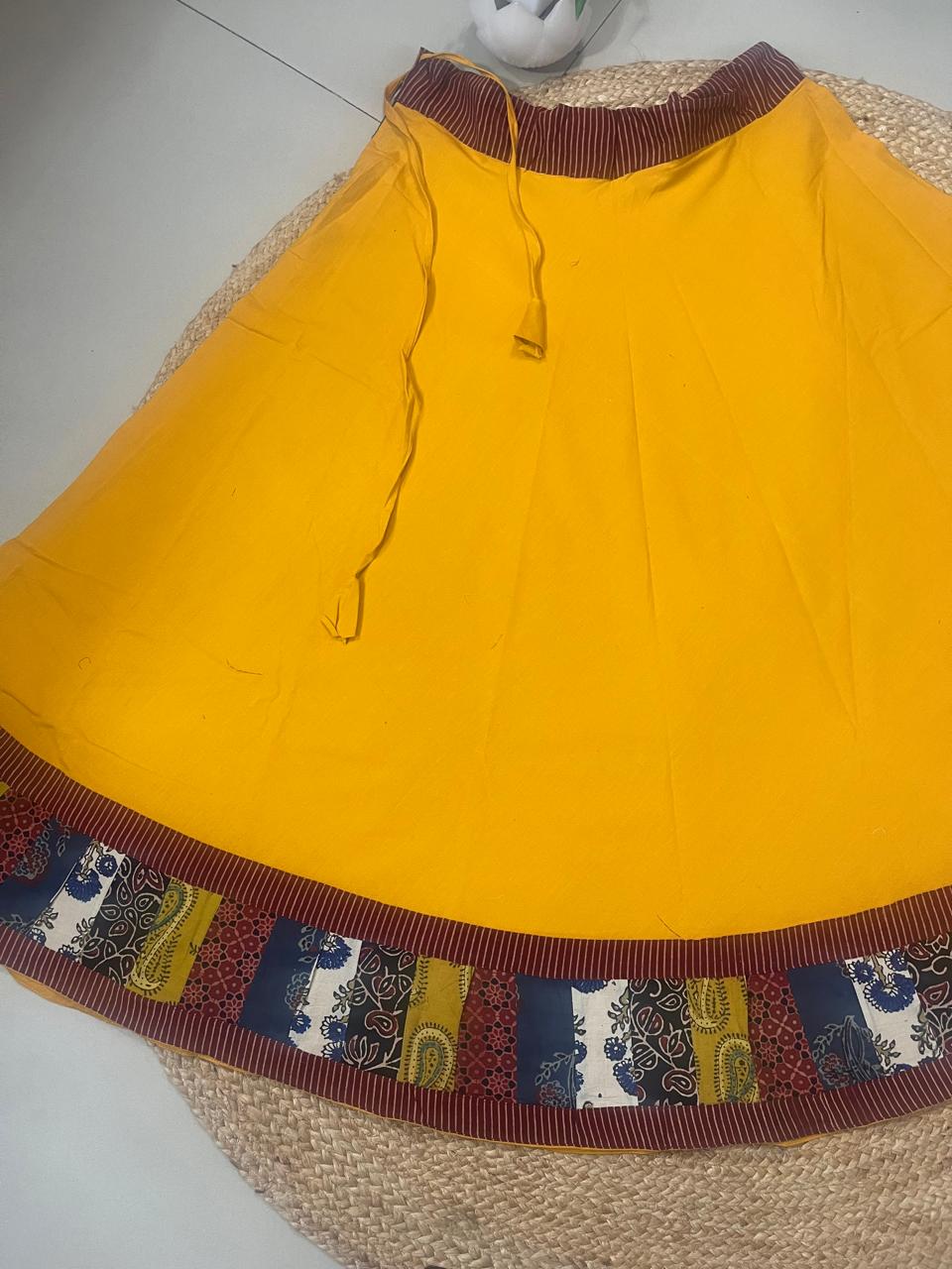 Ajrakh Yellow Cotton Patchwork Rumi Indian Skirt