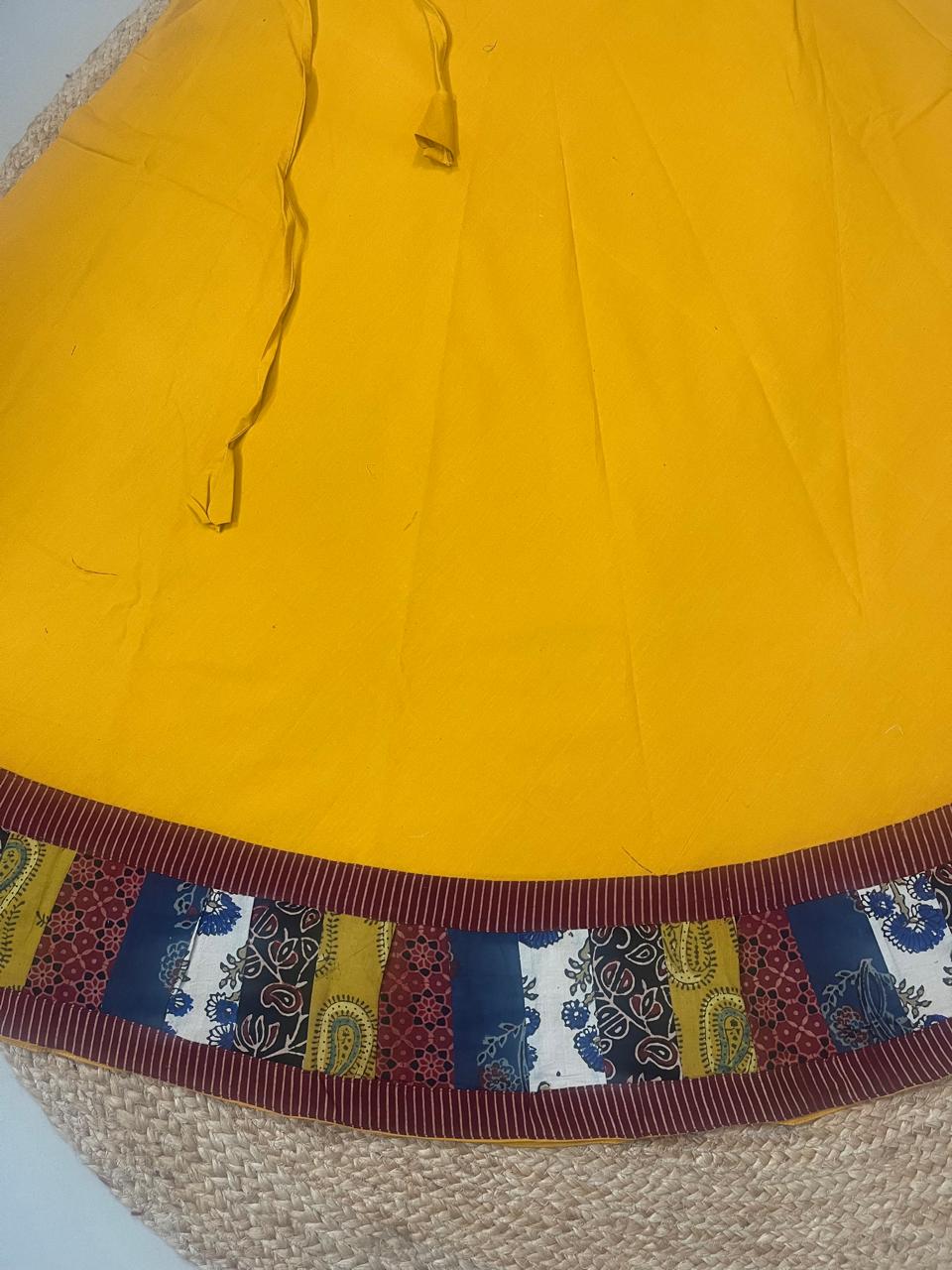 Ajrakh Yellow Cotton Patchwork Rumi Indian Skirt