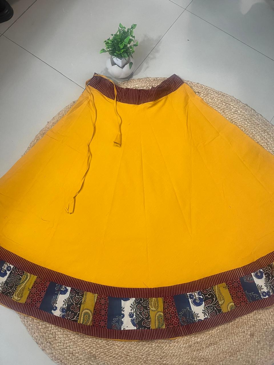Ajrakh Yellow Cotton Patchwork Rumi Indian Skirt