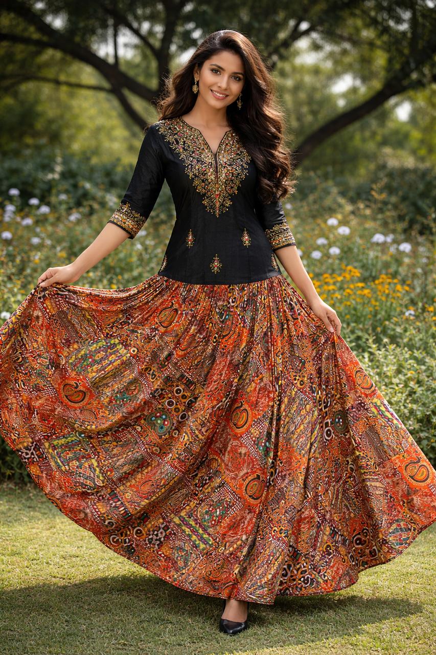 Multicolour Lycra Printed Anaya Indian Skirt