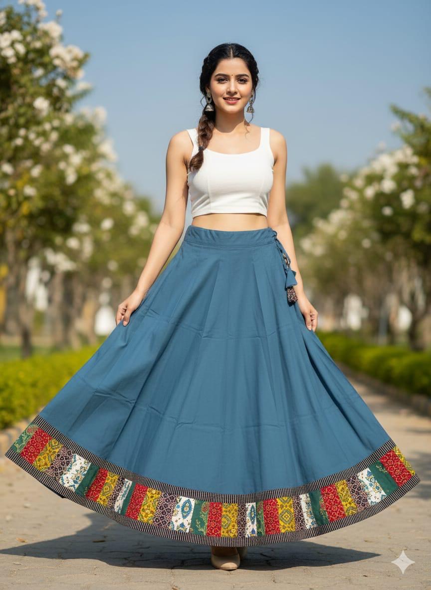Ajrakh Gray Cotton Patchwork Daizy Indian Skirt