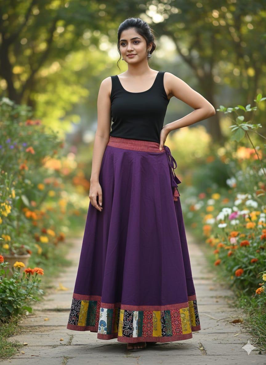 Ajrakh Plum Purple Cotton Patchwork Yashvika Indian Skirt