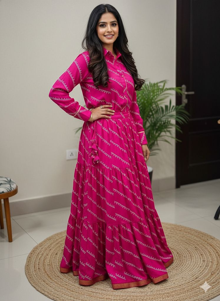 Tiered Cotton Pink Risha Indian Skirt