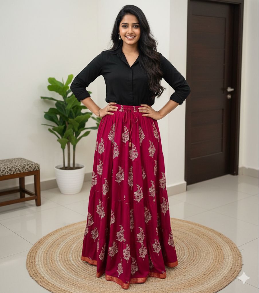 Tiered Cotton Pink Trisha Indian Skirt