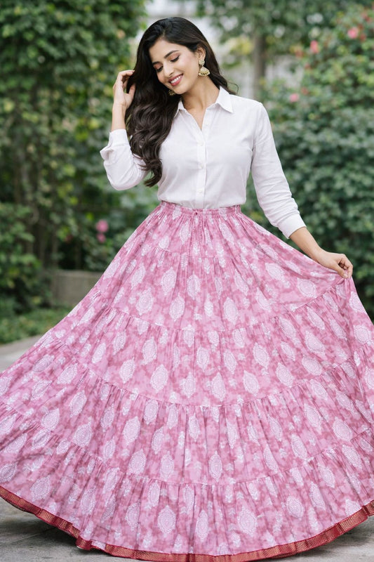 Tiered Cotton Pink Pinki Indian Skirt