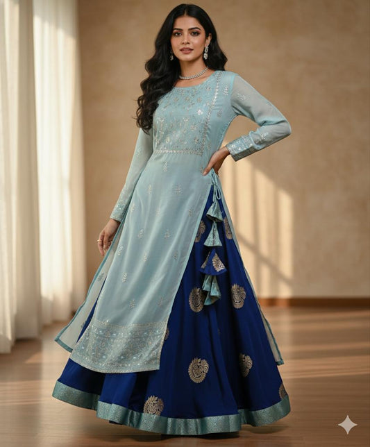Navy, Blue Silk Siara Indian Skirt