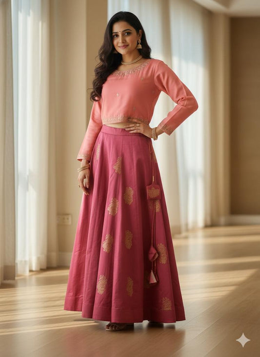 Carrot Pink Silk Shubhi Indian Skirt