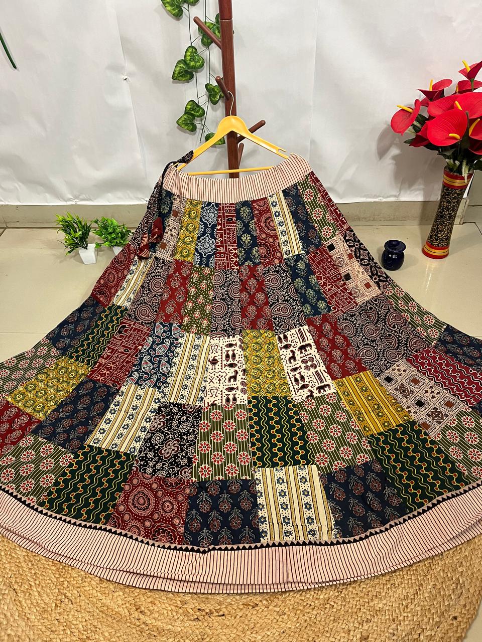 Ajrakh Multi Patch Charvi Cotton Indian Skirt