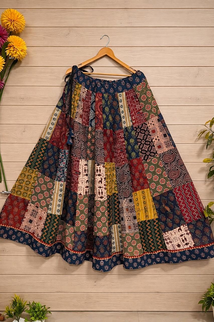 Ajrakh Multi Patch Devika Cotton Indian Skirt