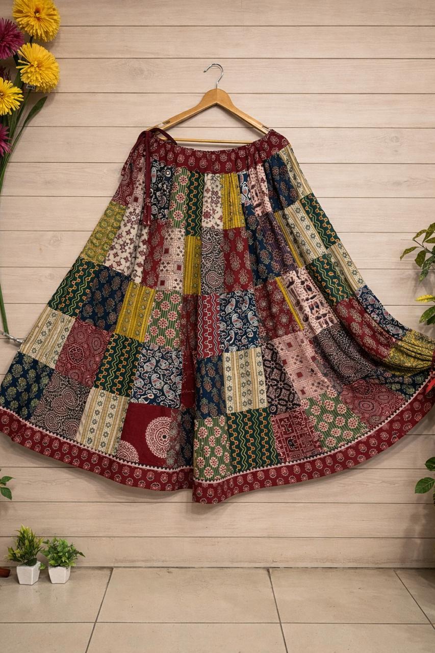 Ajrakh Multi Patch Esha Cotton Indian Skirt