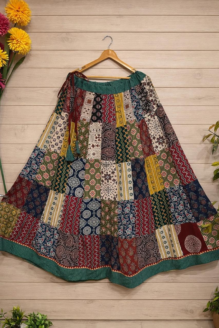 Ajrakh Multi Patch Sheenu Cotton Indian Skirt