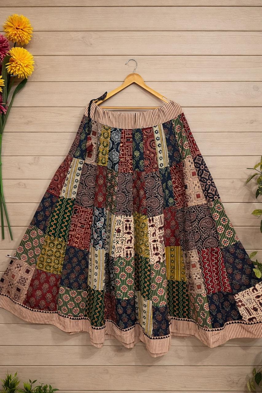 Ajrakh Multi Patch Charvi Cotton Indian Skirt