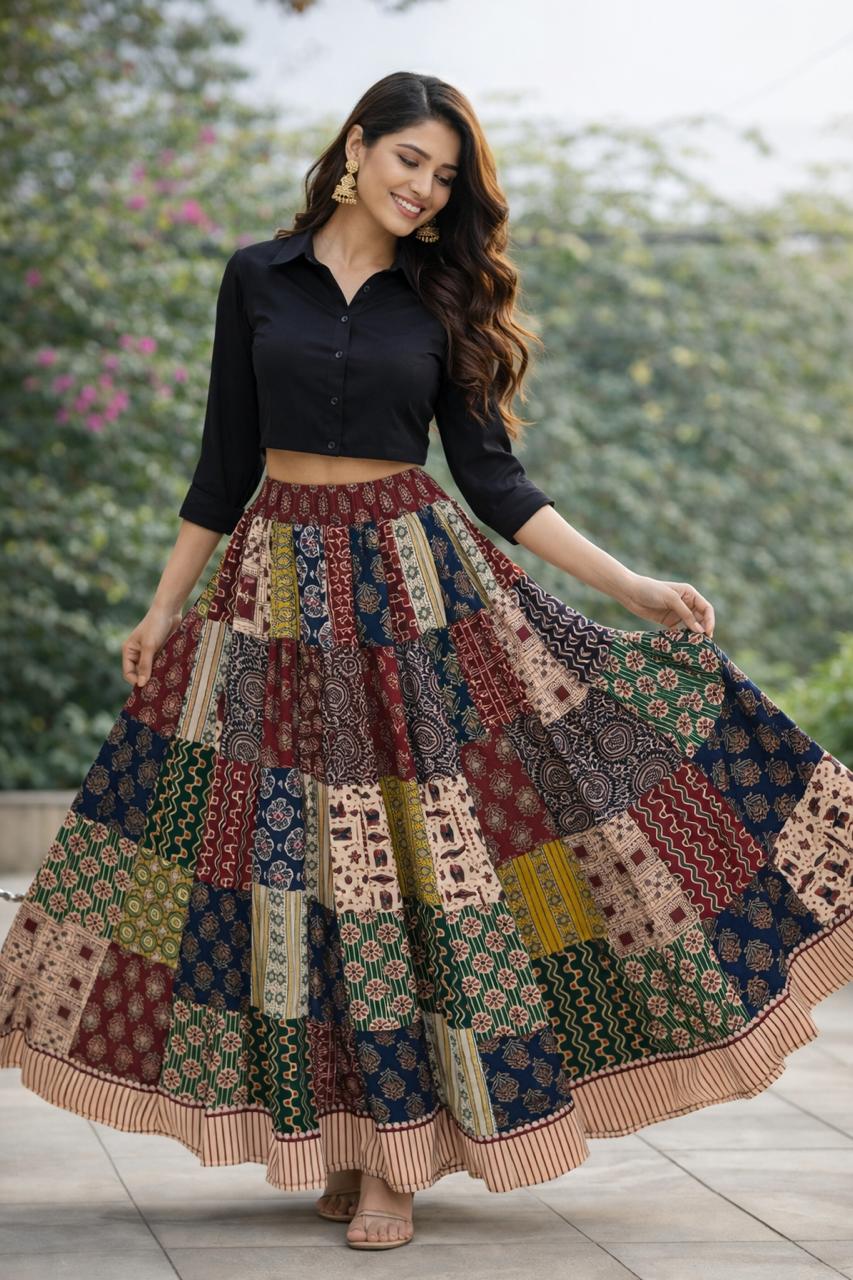 Ajrakh Multi Patch Charvi Cotton Indian Skirt