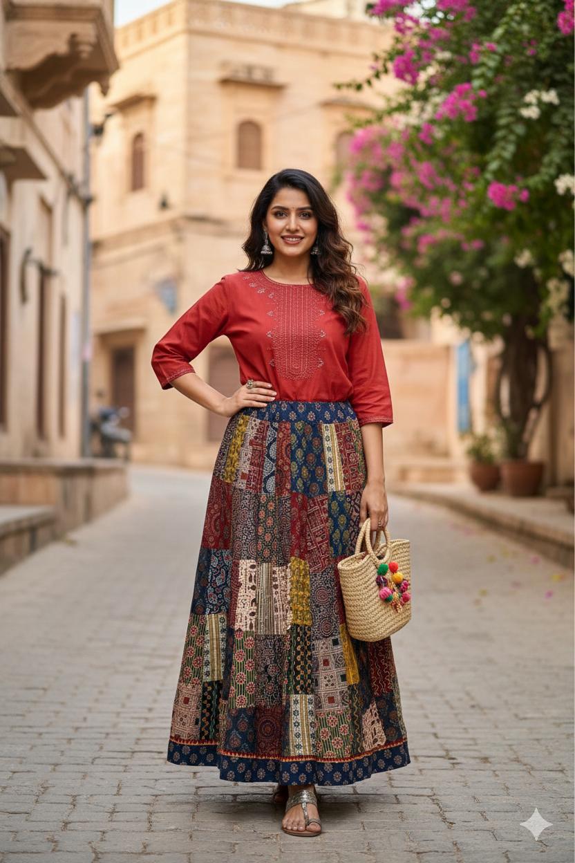 Ajrakh Multi Patch Devika Cotton Indian Skirt