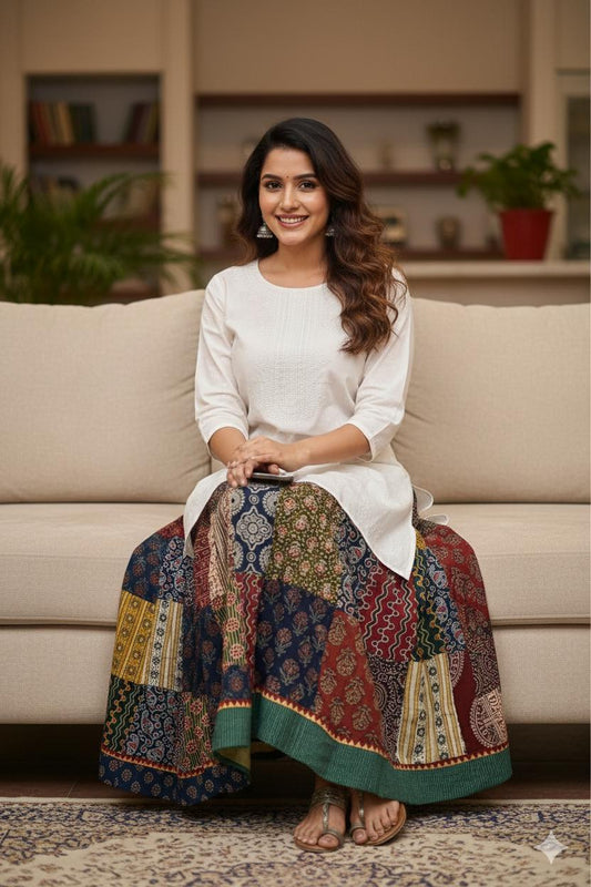 Ajrakh Multi Patch Sheenu Cotton Indian Skirt