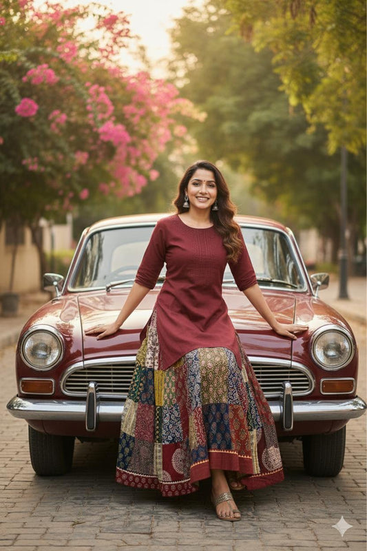 Ajrakh Multi Patch Esha Cotton Indian Skirt