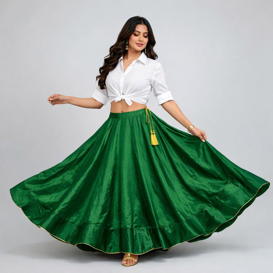 Flared Green Rano Silk Indian Skirt