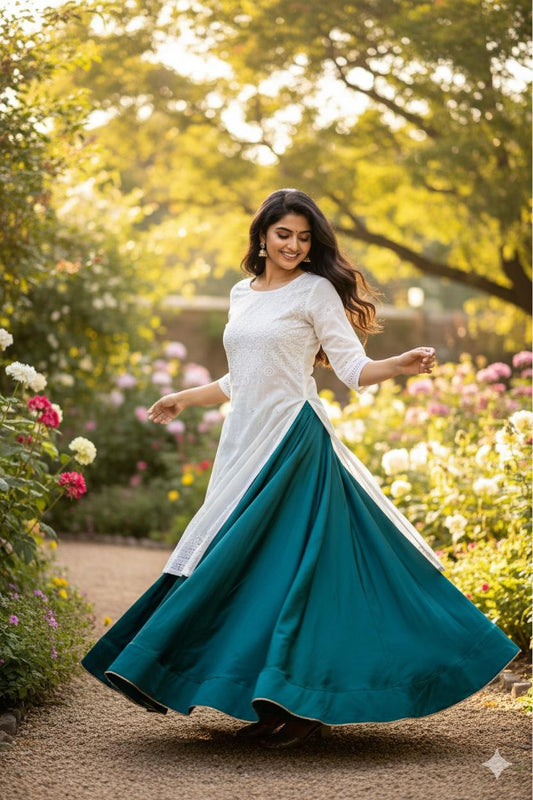 Flared Turquoise Tarika Silk Indian Skirt