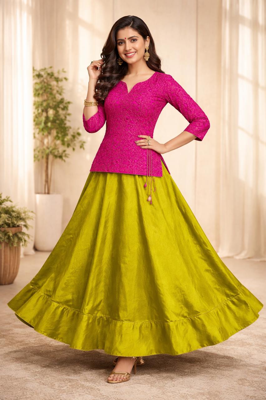 Flared Green Avika Silk Indian Skirt