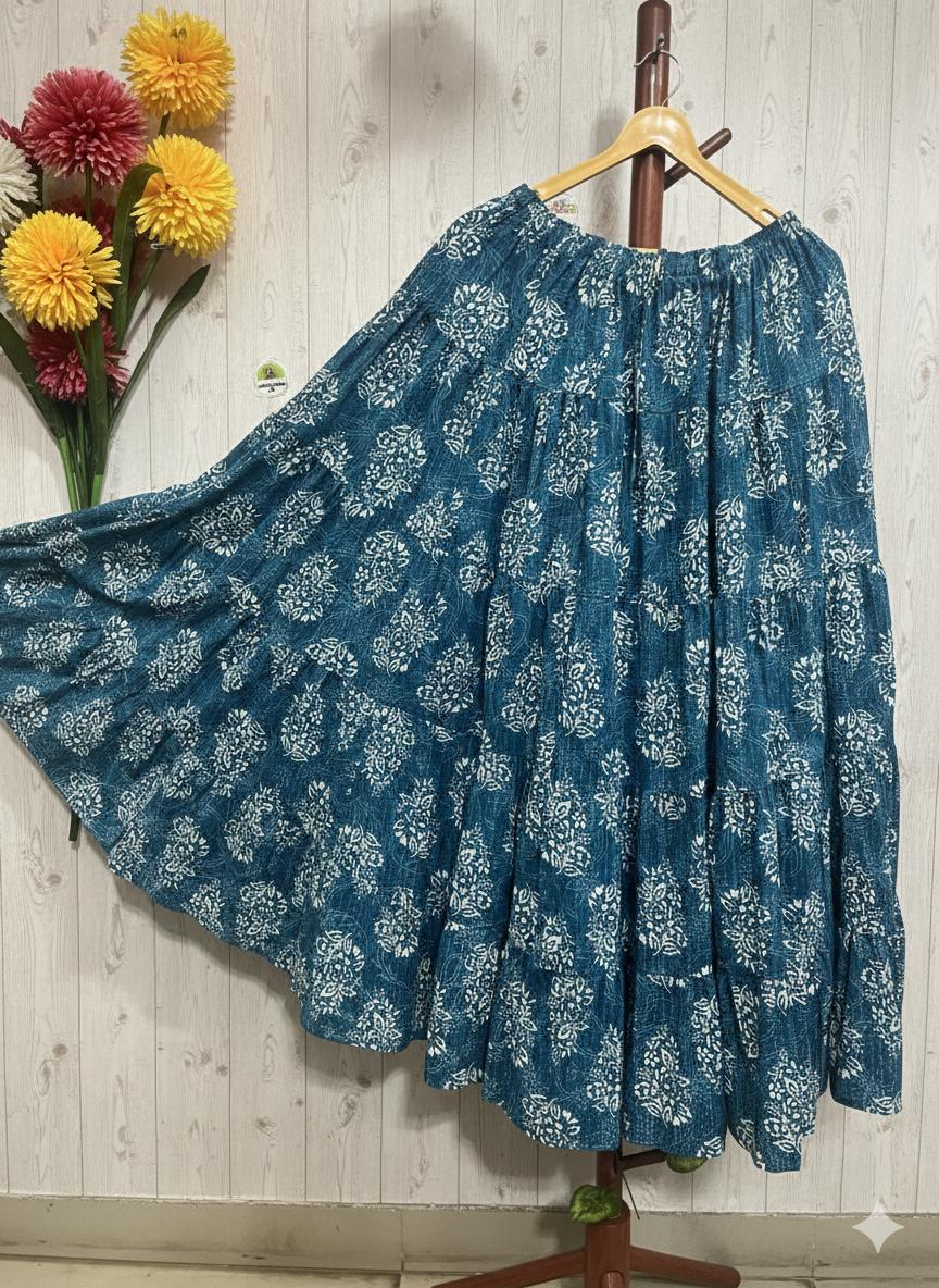 Tiered Cotton Blue Tista Indian Skirt