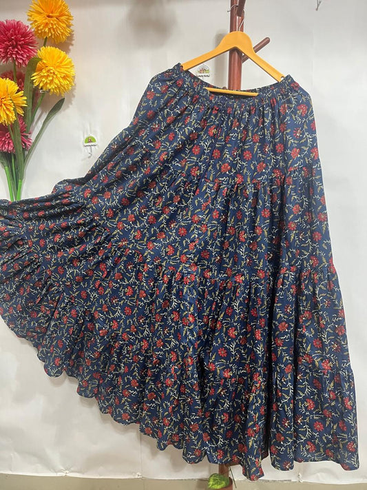 Tiered Cotton Blue Khanak Indian Skirt