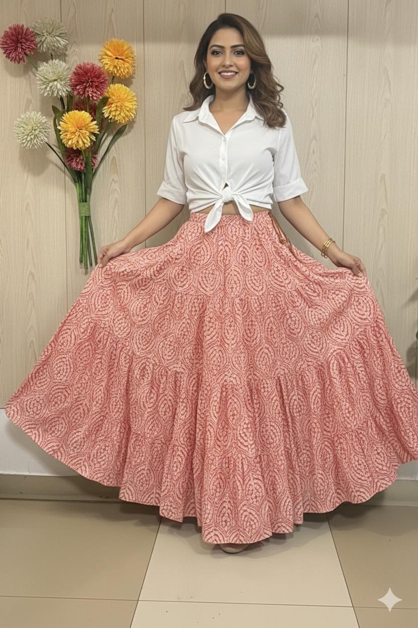 Tiered Cotton white Krishna Indian Skirt